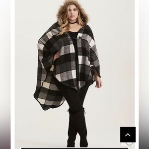 Torrid Black and White Plaid Hooded Shall with Faux Fur Detail.